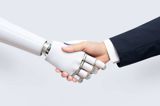 An image showing a robot extending its mechanical hand to shake hands with a human, illustrating the intersection of technology and humanity, as well as the collaboration between humans and AI in modern society.